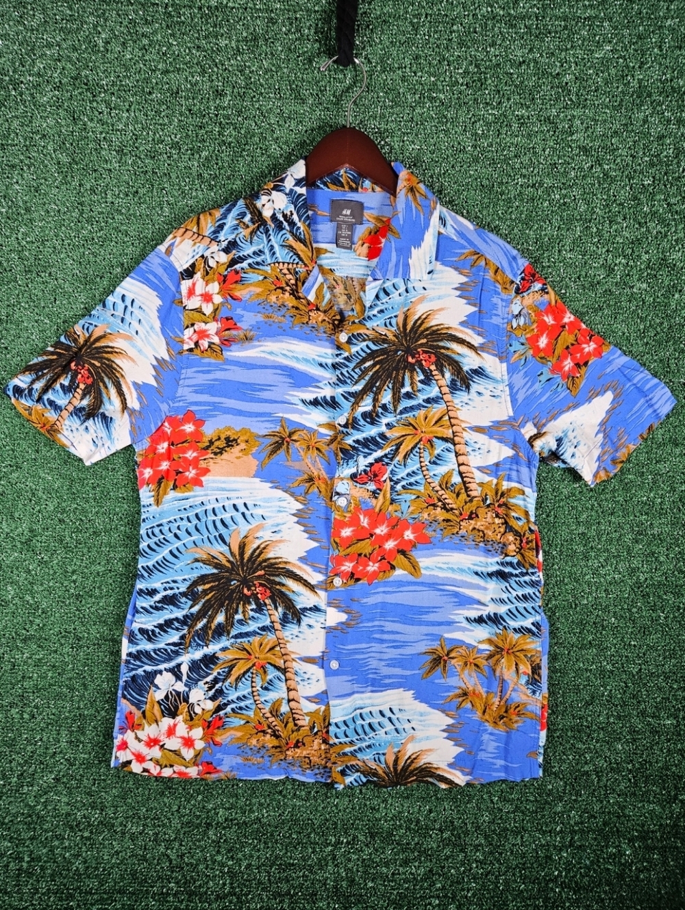 H&M Casual Blue Tropical Palm Print Button Down Shirt / Mens Size Large